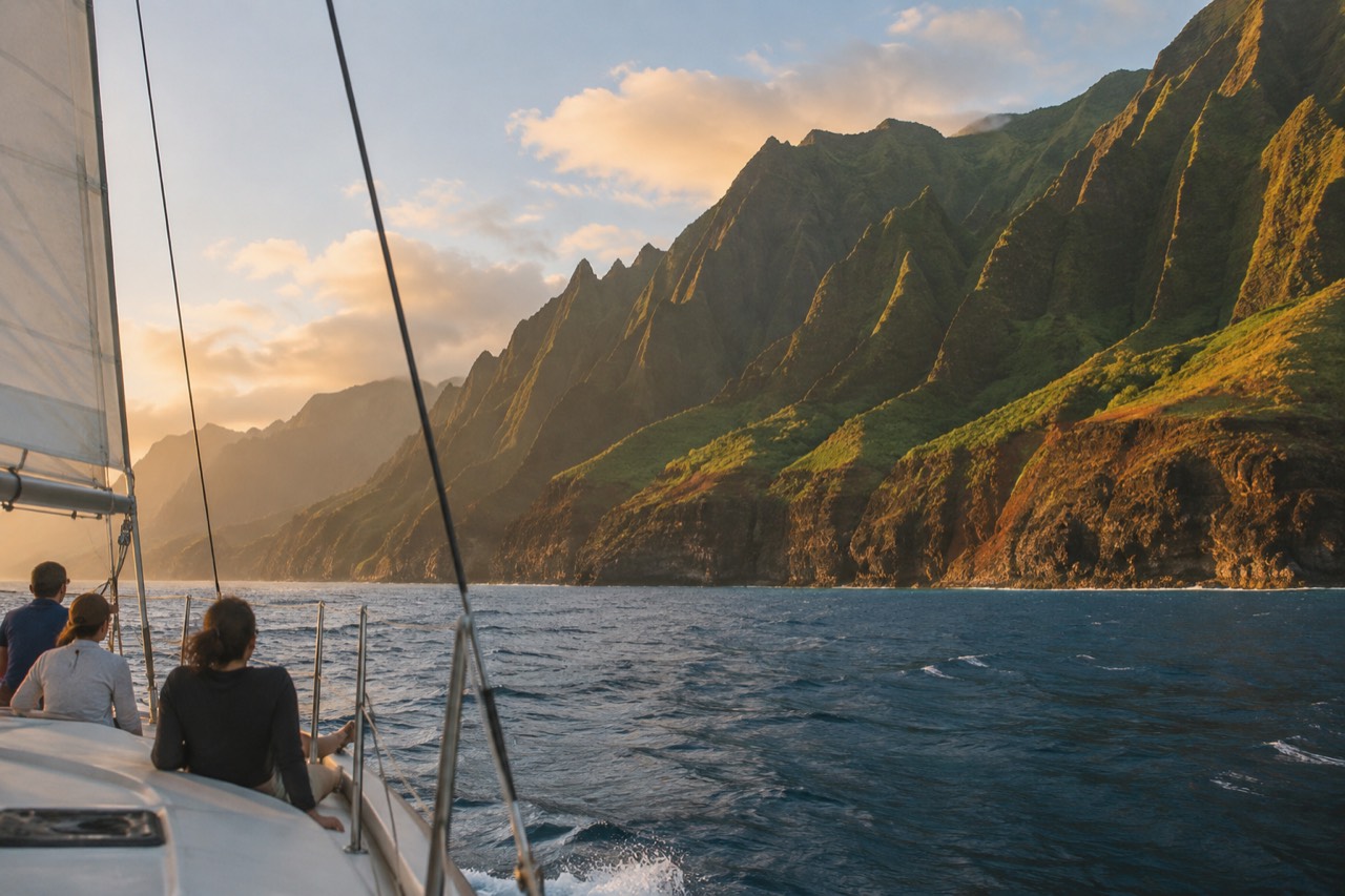 A catamaran under sail along the Napali Coast cliffs in warm evening light