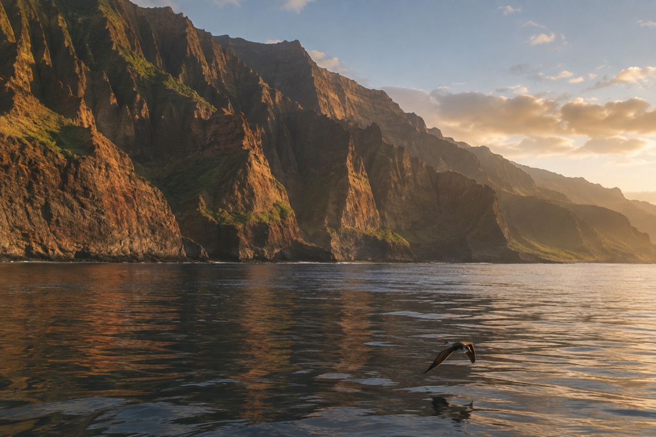 Golden evening light on the sea cliffs of the Napali Coast along Kauai