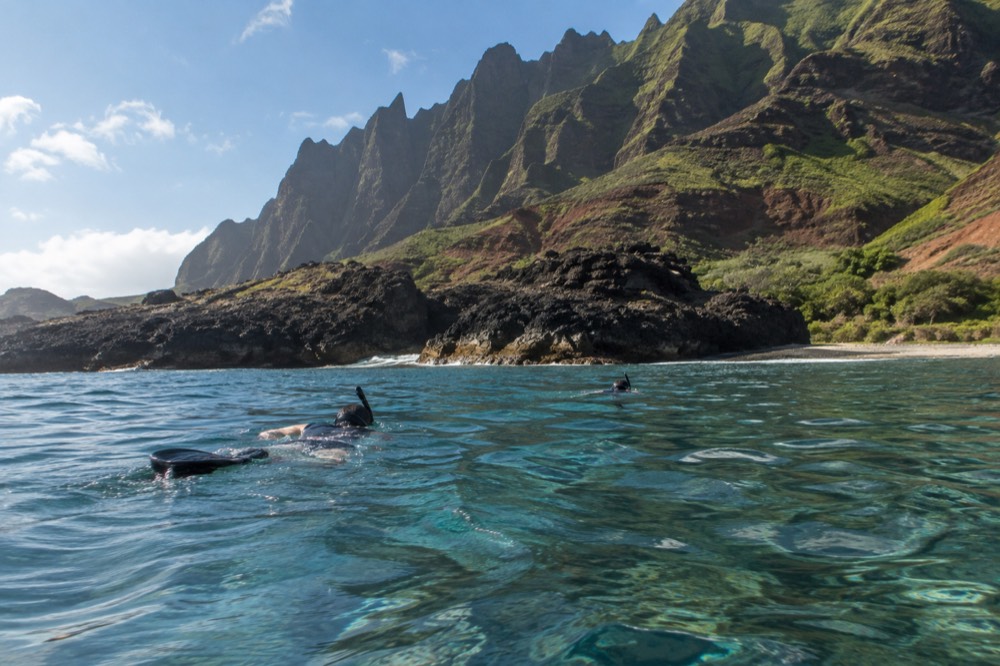 Snorkellers in clear blue water above a reef with a rocky island shoreline behind