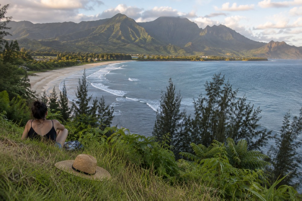 Ocean overlook above a long north Kauai beach with open water to the horizon