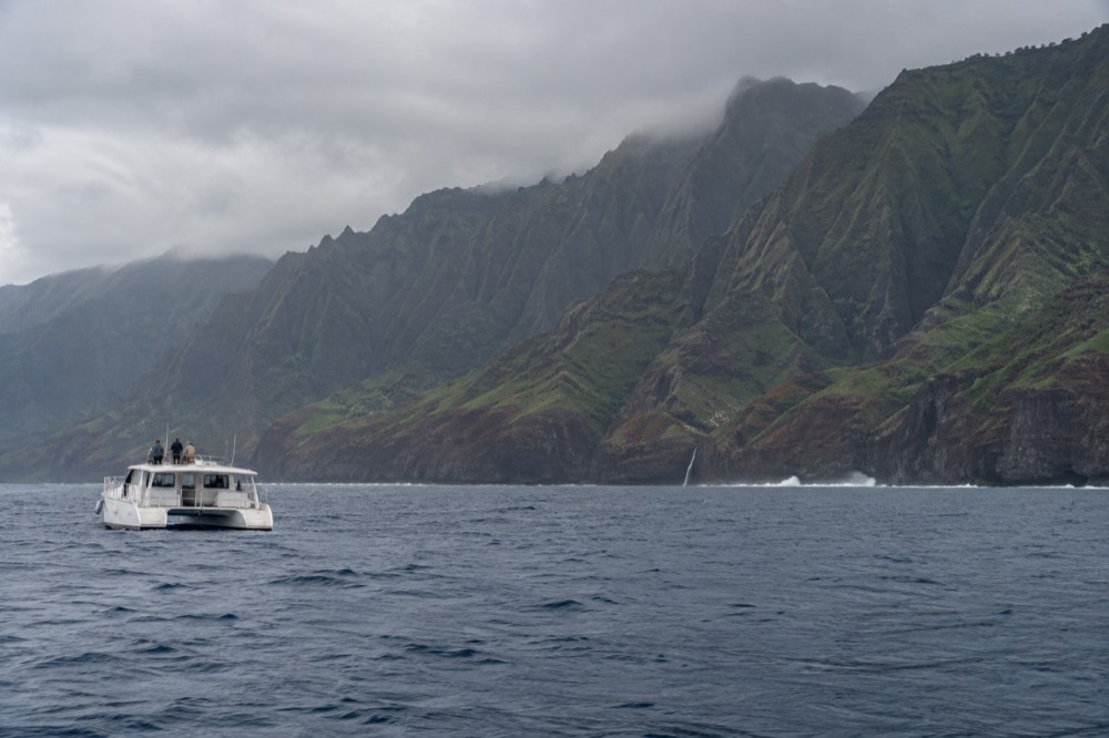 Small power catamaran holding a wide distance from a whale blow on the horizon