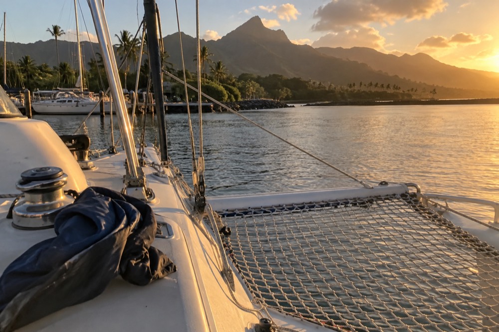 A sailing catamaran's deck with rigging and netting in evening light