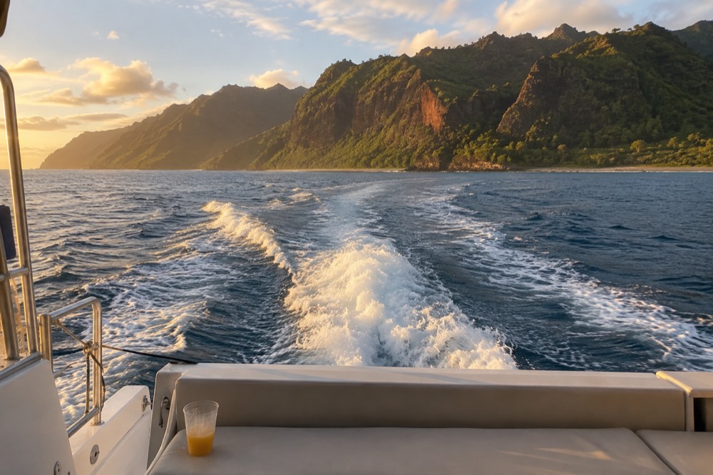 A catamaran under way on calm water with golden evening light on distant coastal cliffs.
