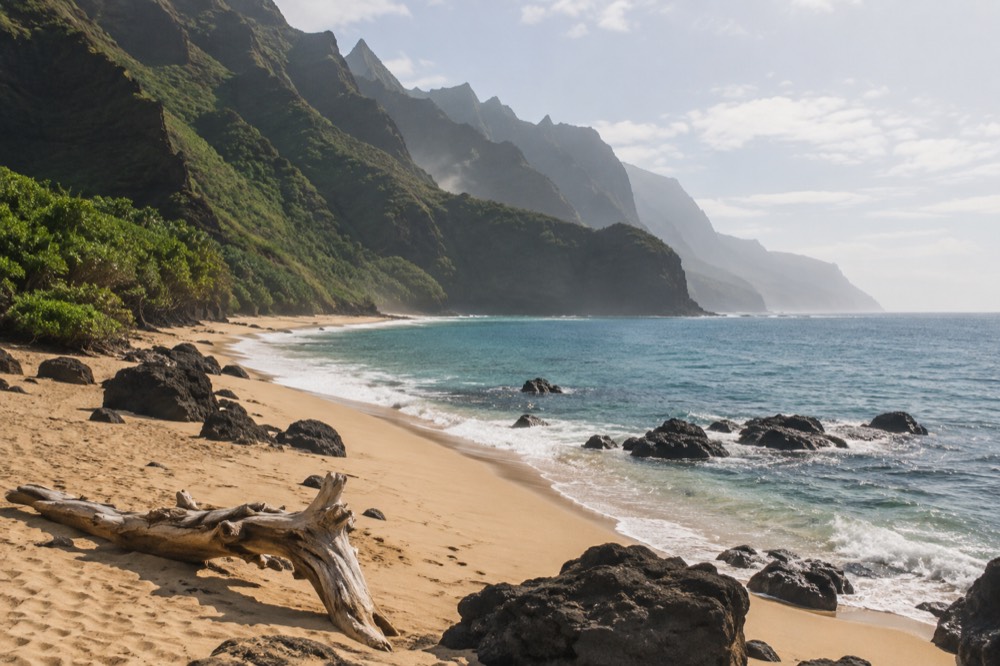 An empty golden sand beach with palm trees and turquoise water on Kauai's south shore