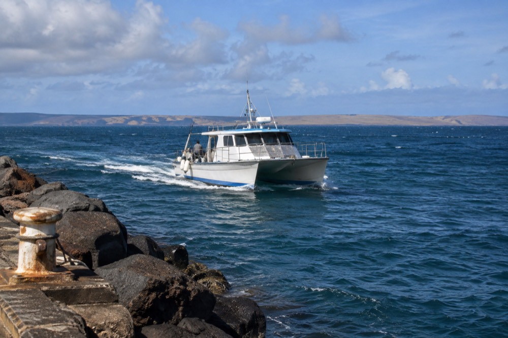 A power catamaran crossing open channel water with a distant low island on the horizon