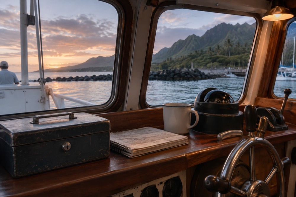 A small boat cabin with a cash box and receipt book on a shelf beside the wheel