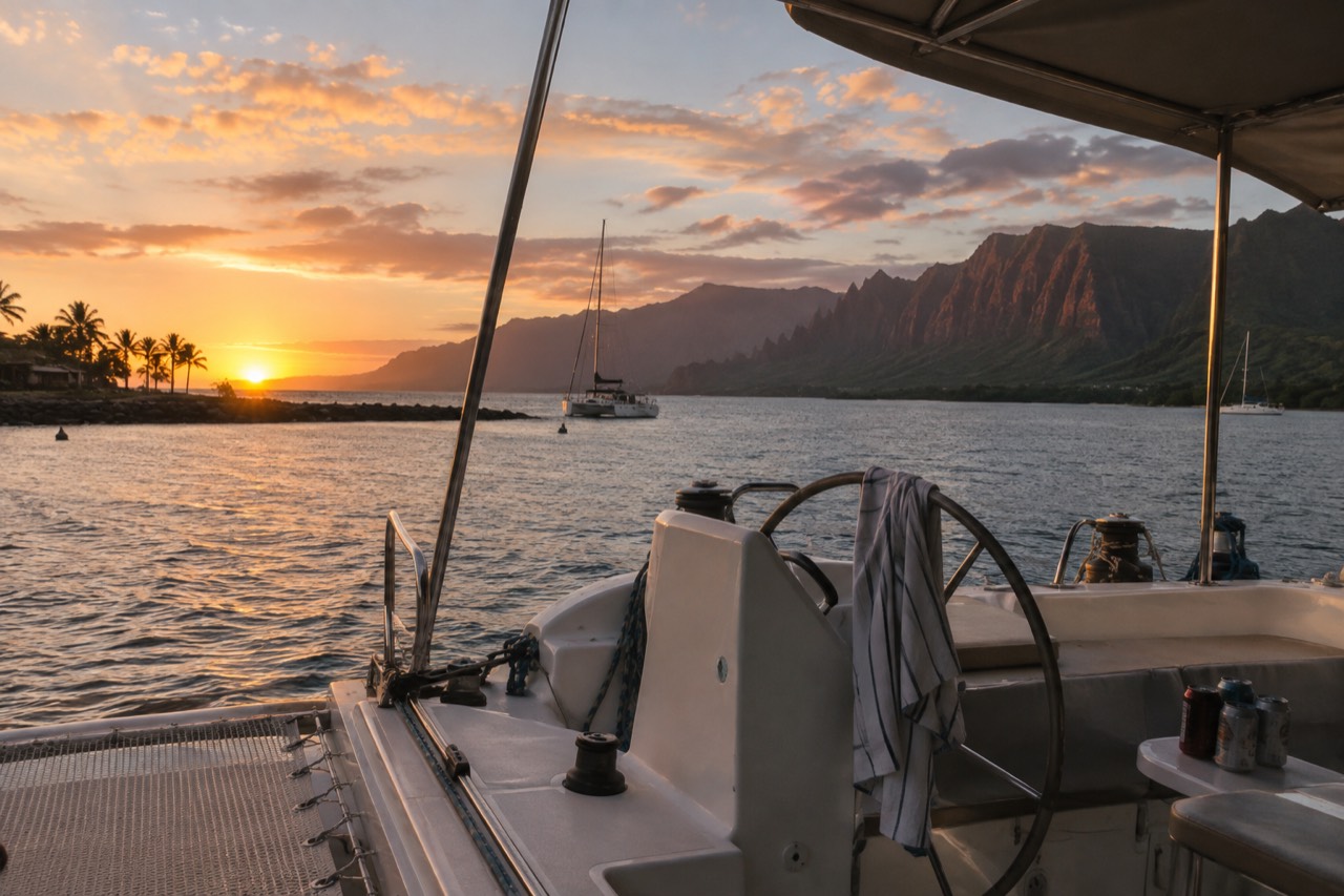 A catamaran at anchor near the Napali coastline under a golden evening sky