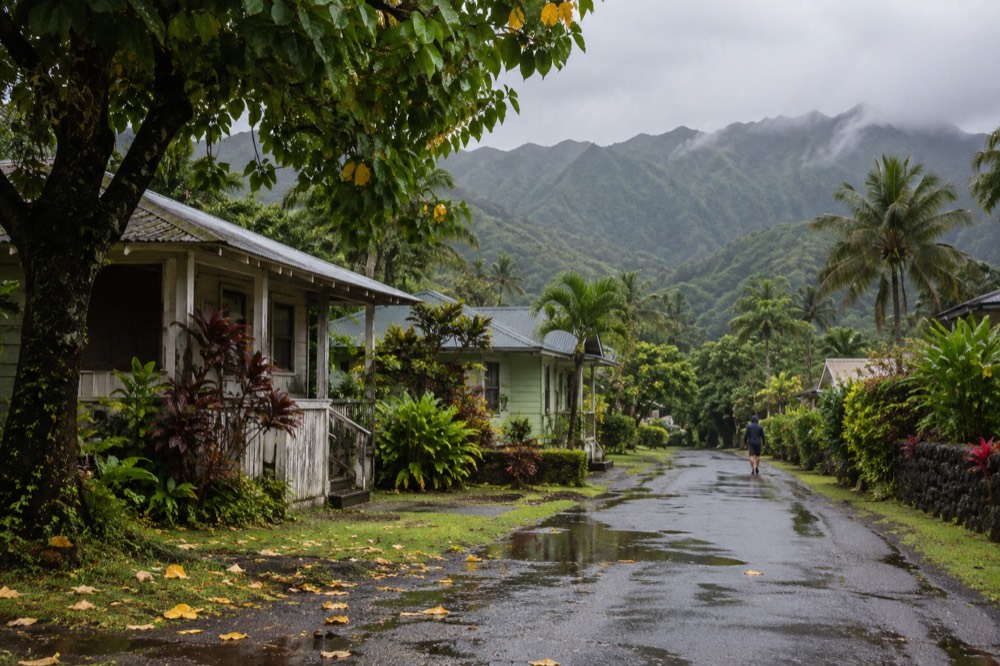 A small town street of low wooden buildings under green mountains