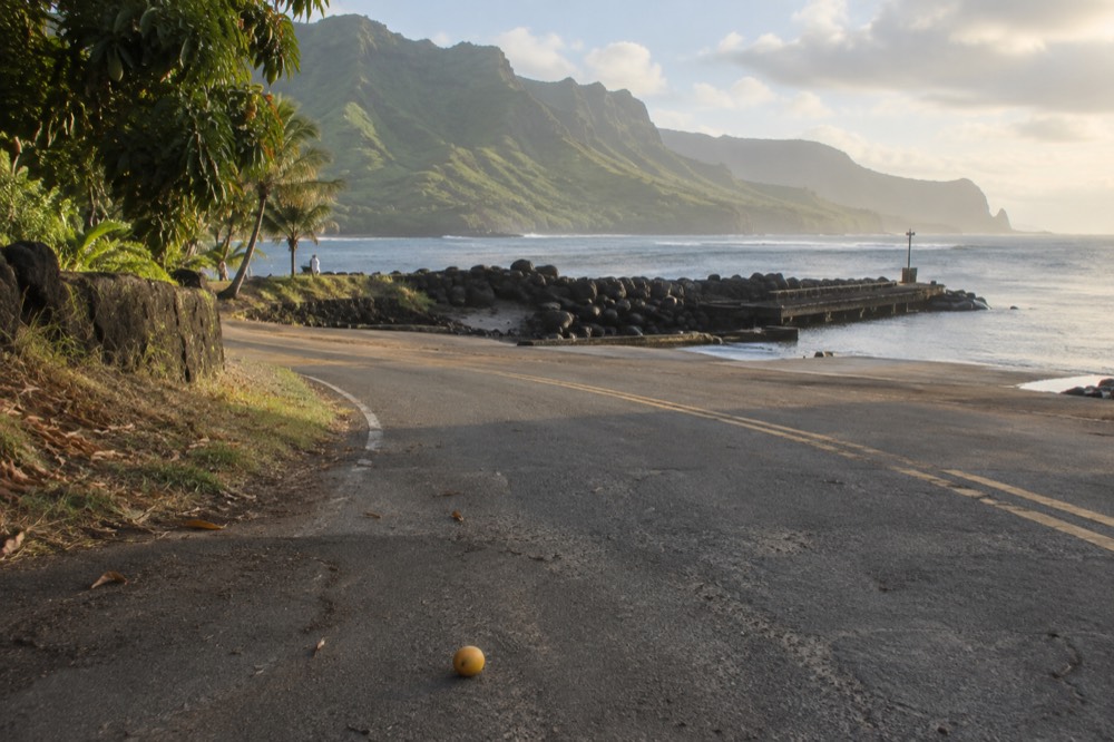 An empty two-lane road curving along a green Kauai hillside in early morning light