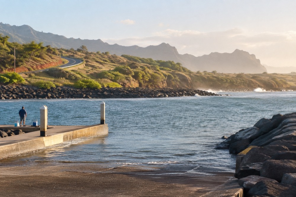 A winding coastal road along Kauai's west side with green hills above the ocean