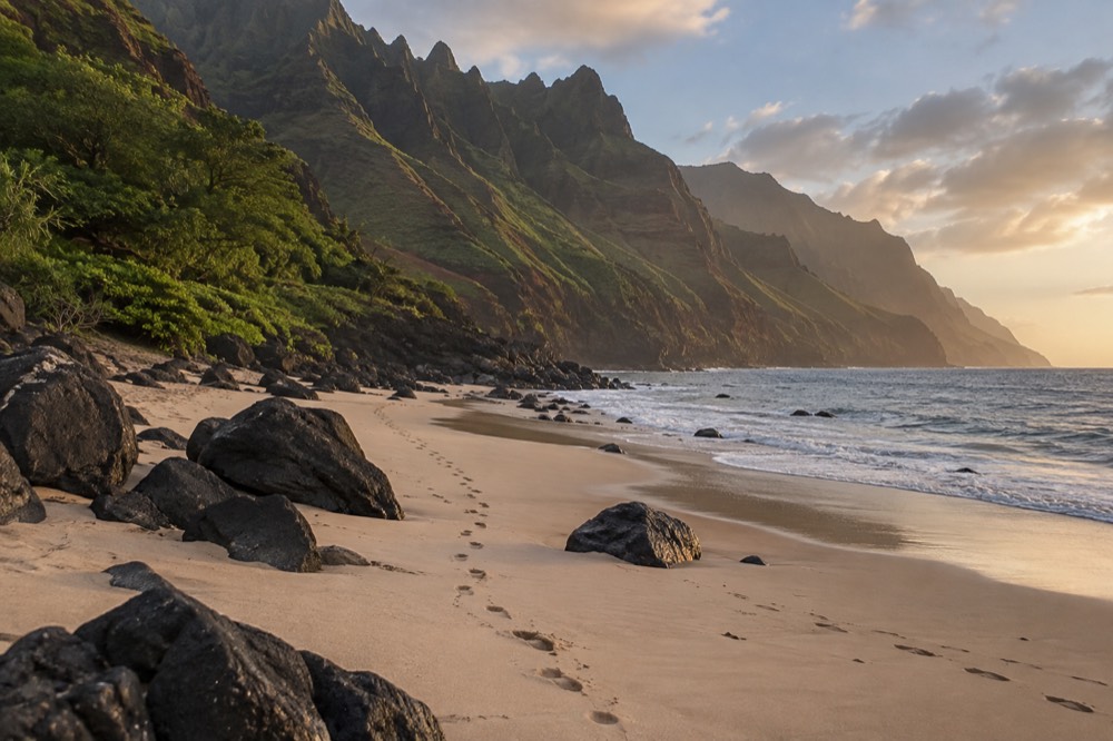 An empty beach of pale sand beneath tall green ridges at the base of sea cliffs