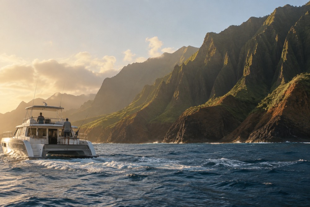 A catamaran cruising along a steep green coastline in late afternoon light