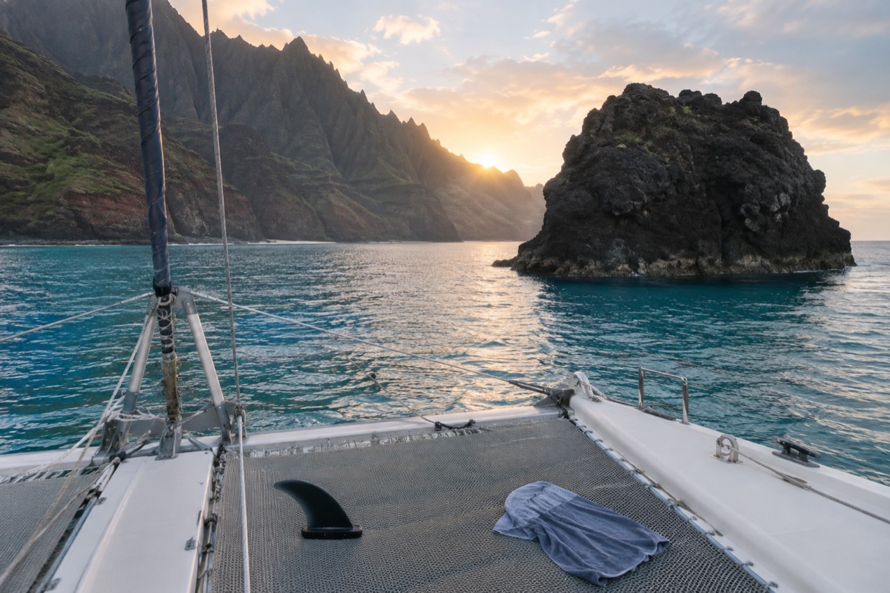 A catamaran anchored near a rocky island shoreline with clear turquoise water