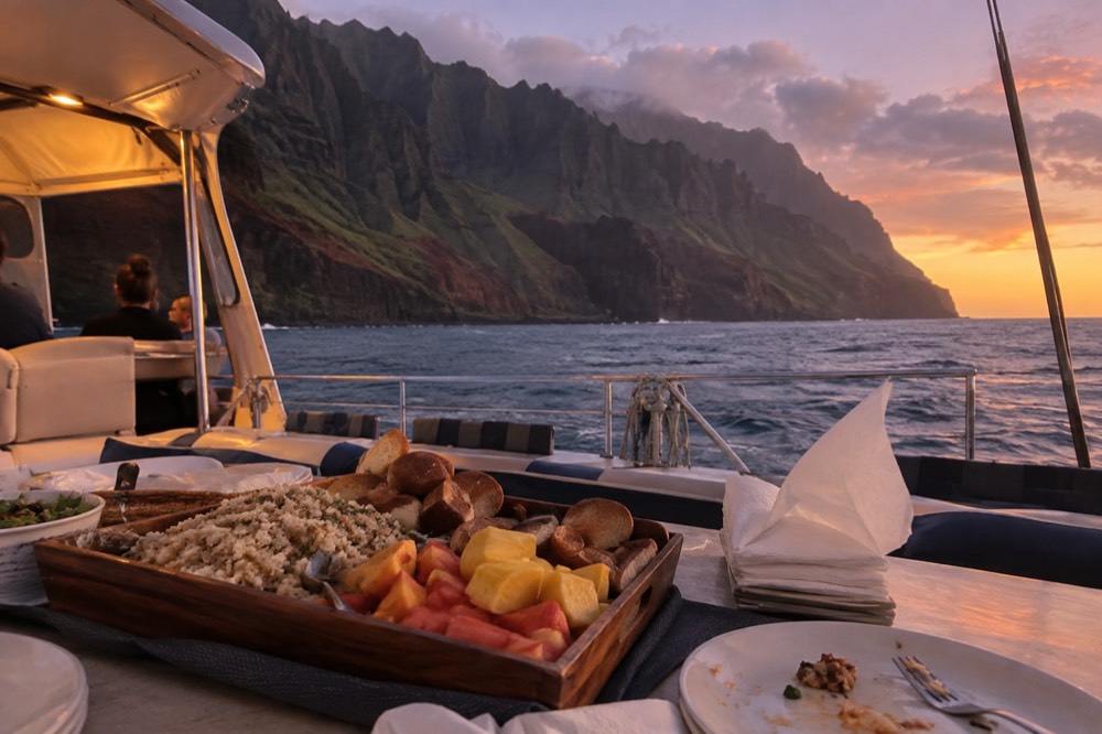 A dinner table set on a catamaran deck with the Napali cliffs behind at dusk