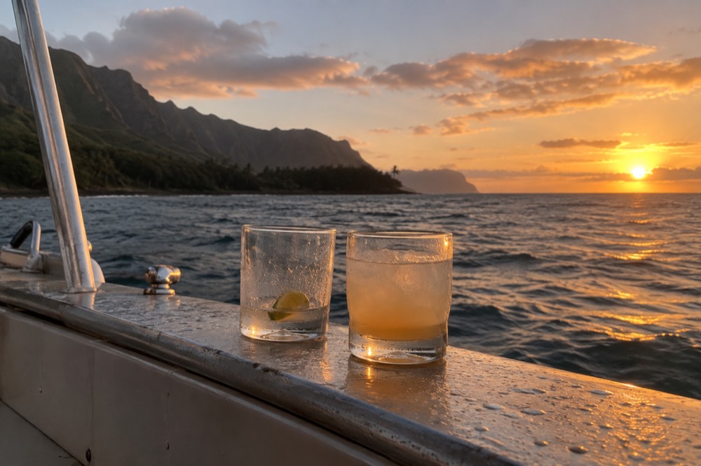 Two glasses on a boat rail with the sun low over open water west of Kauai