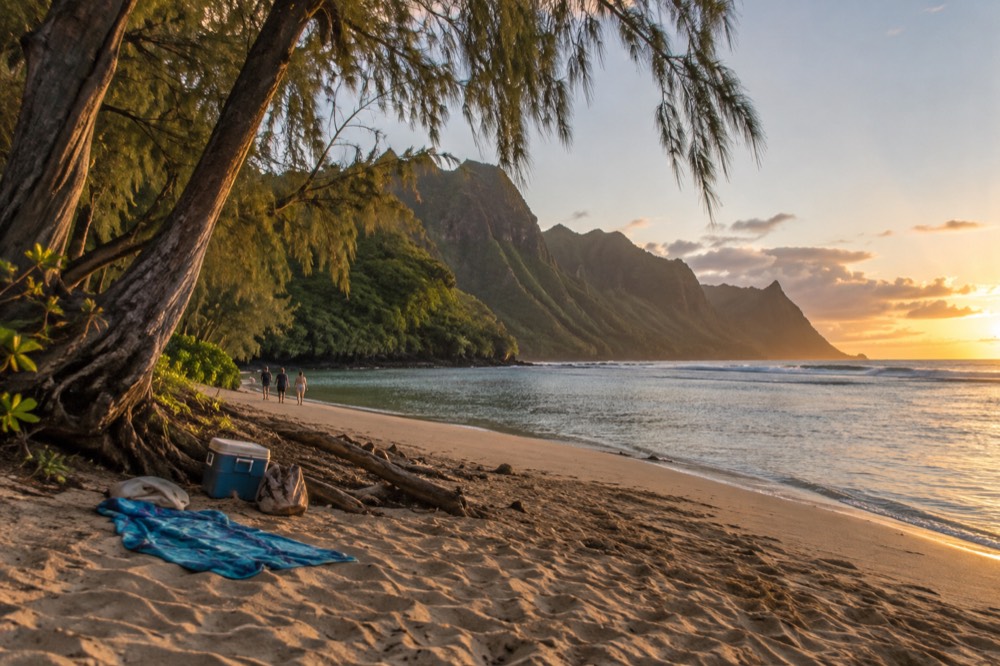 A calm bay with a curving beach and green mountains on Kauai's north shore