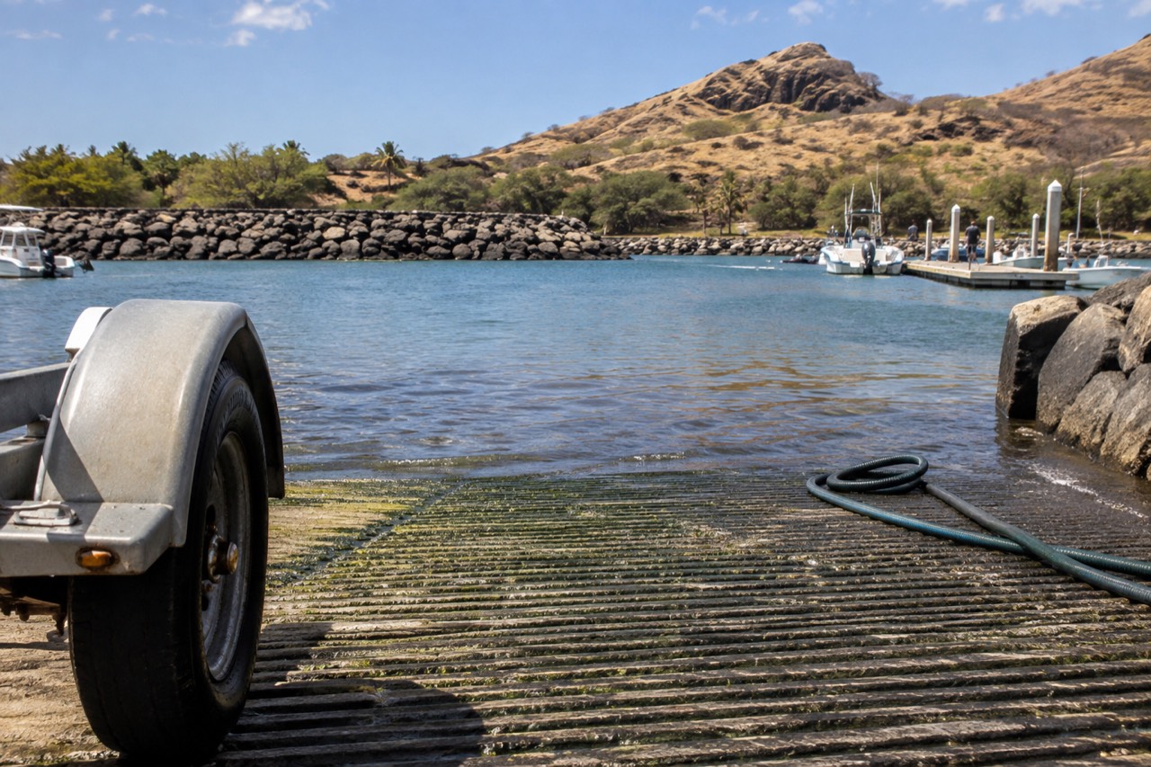 A tour boat docked at a small boat harbor on Kauai's west side with dry hills rising behind the marina