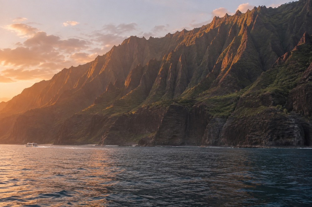 Express sunset light rakes the fluted Napali sea cliffs from the water off Kauai