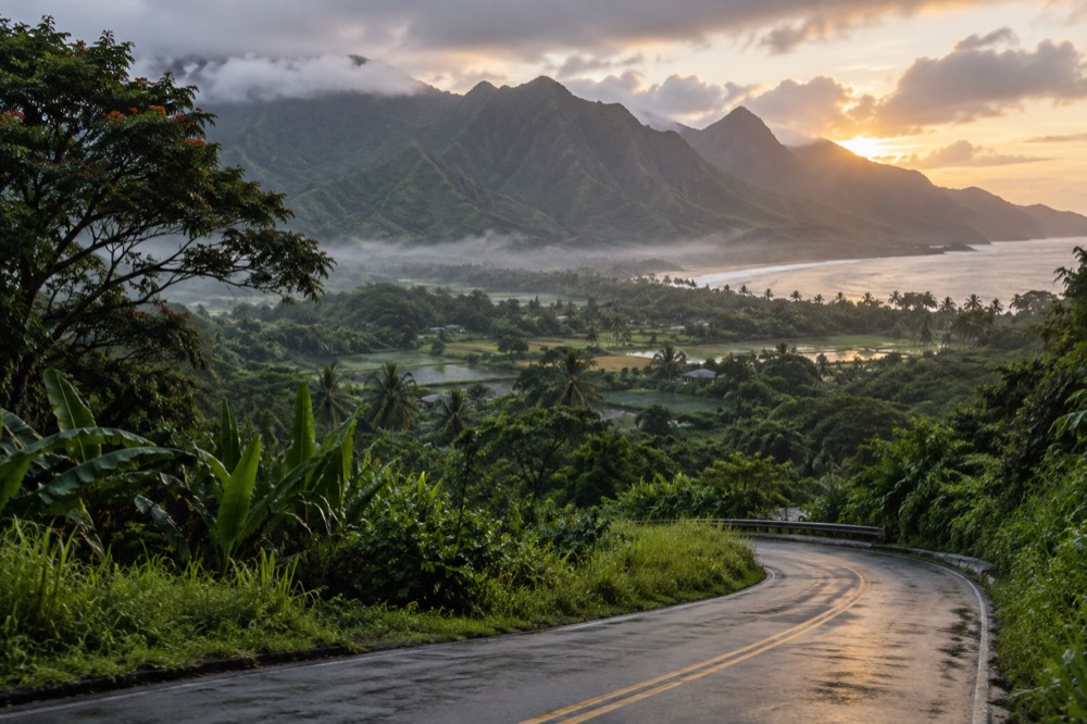 Winding road through green cliffs on Kauai's north shore at dawn