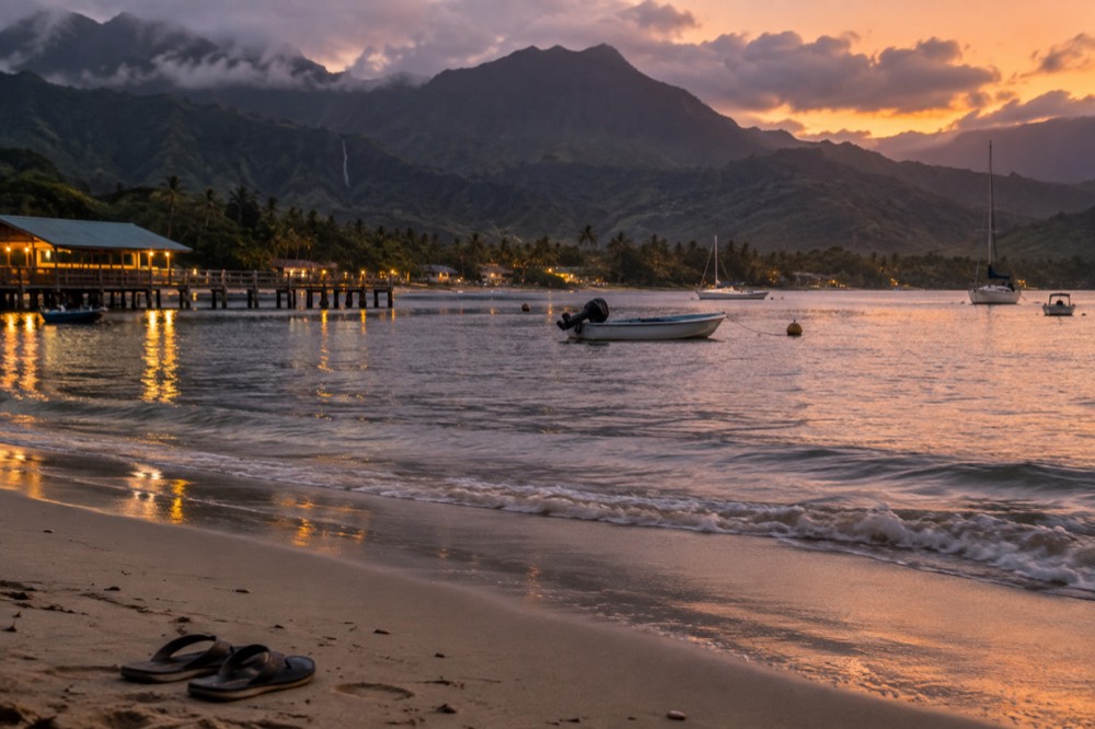 A beach town at dusk with warm light over calm water and distant ridges.