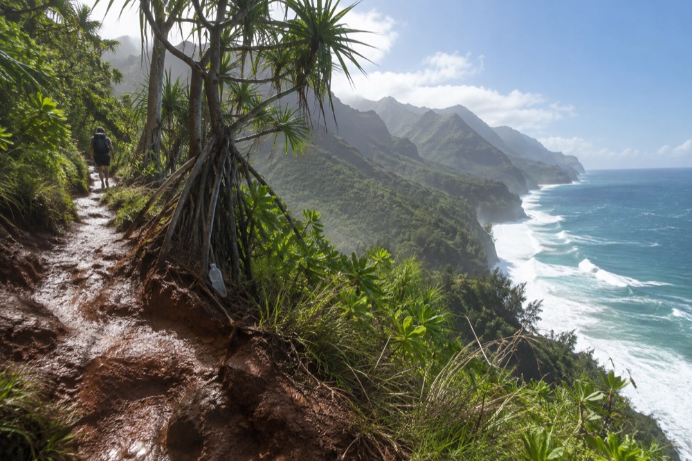 A narrow dirt footpath along a green coastal cliff above breaking surf