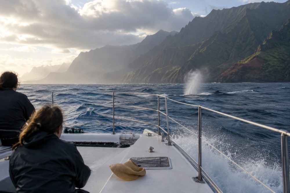 A power catamaran underway on open water with distant misty cliffs