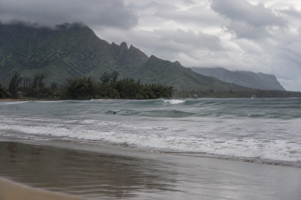 Open swell rolls across Hanalei Bay on Kauai's north shore