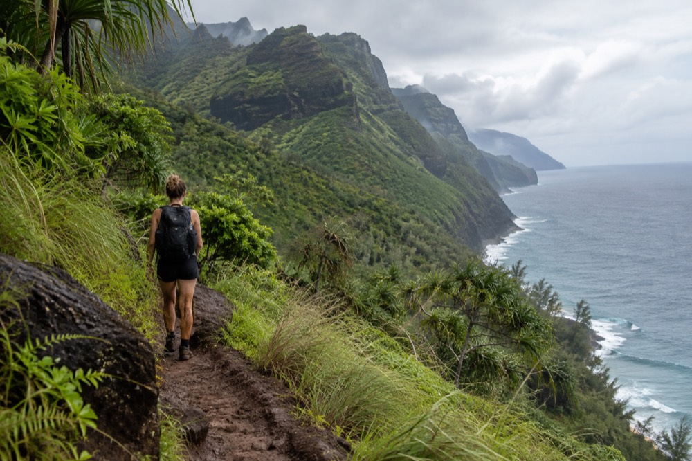 A narrow dirt footpath winding along a green coastal ridge above the ocean