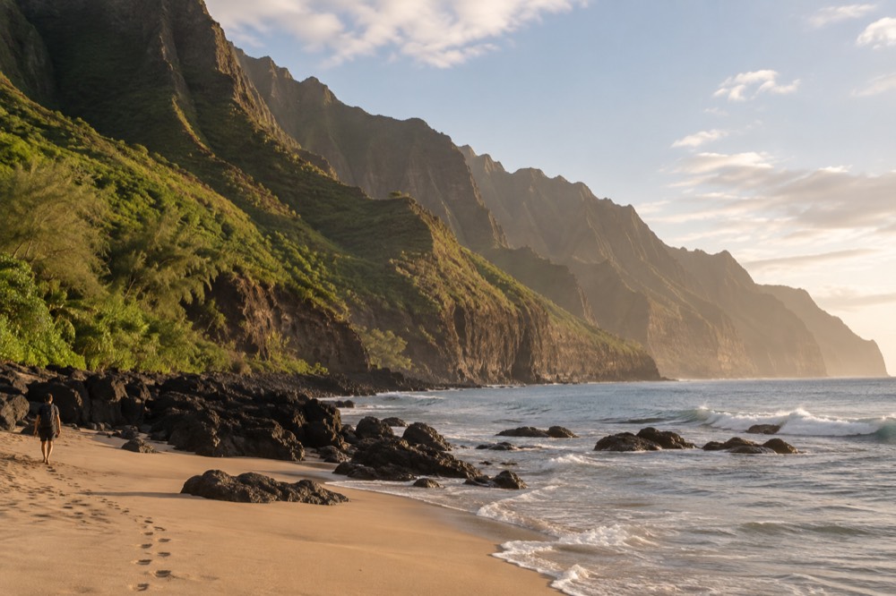 Calm summer ocean along a golden section of Napali coastline with low swell
