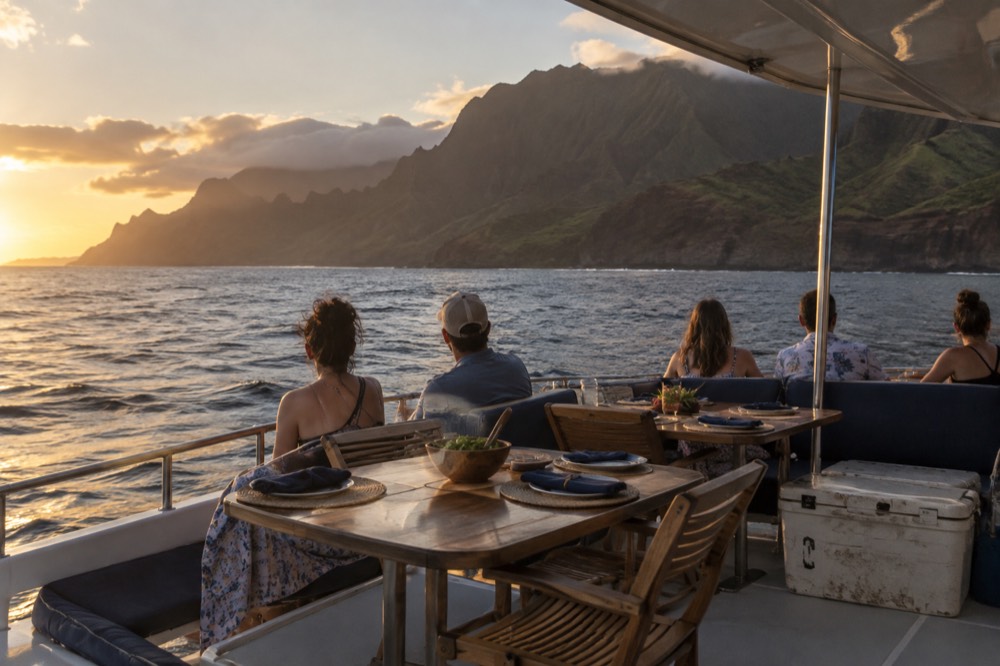 A catamaran deck set with dinner tables as evening light falls over the ocean