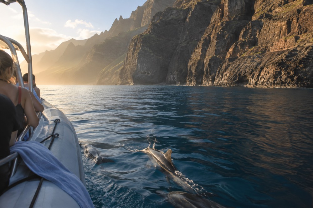 A rigid inflatable raft cruising close to tall sea cliffs along a calm Napali Coast morning