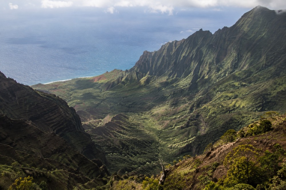 Aerial view of deep green valleys and ridges of the Napali Coast seen from high above the ocean