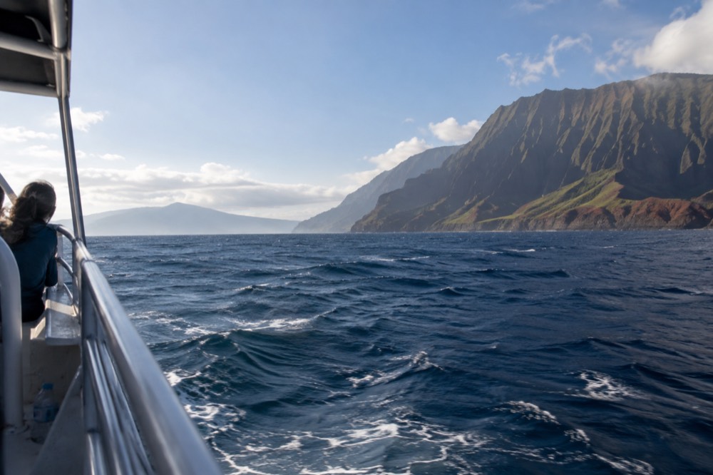 Deep open-channel water, dark blue and wind-ruffled on Kauai