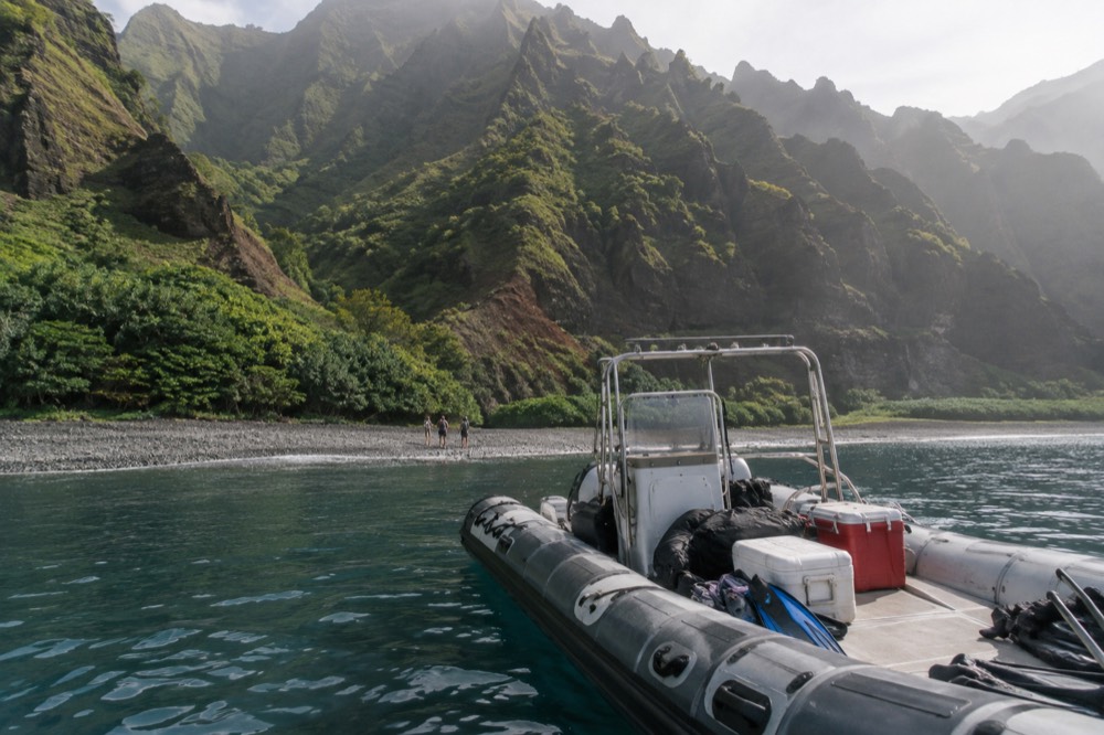 A rigid-hull inflatable raft at rest in a calm cove beneath steep forested cliffs