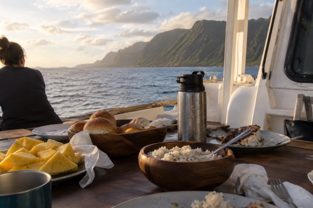 A boat cabin table set with platters of lunch food on a wooden deck