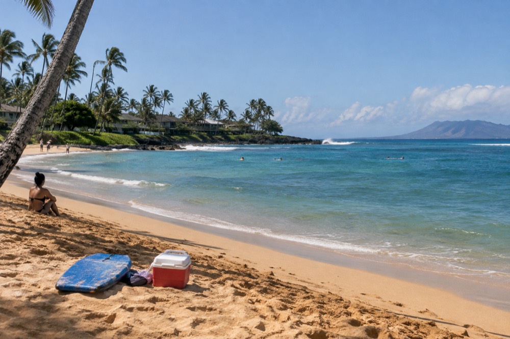 Golden sand beach at Poipu lined with palm trees under a clear sky
