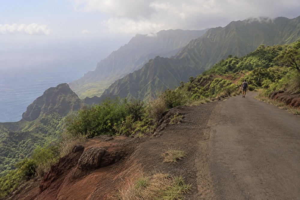 A winding road leading up through green hills toward the Waimea Canyon rim